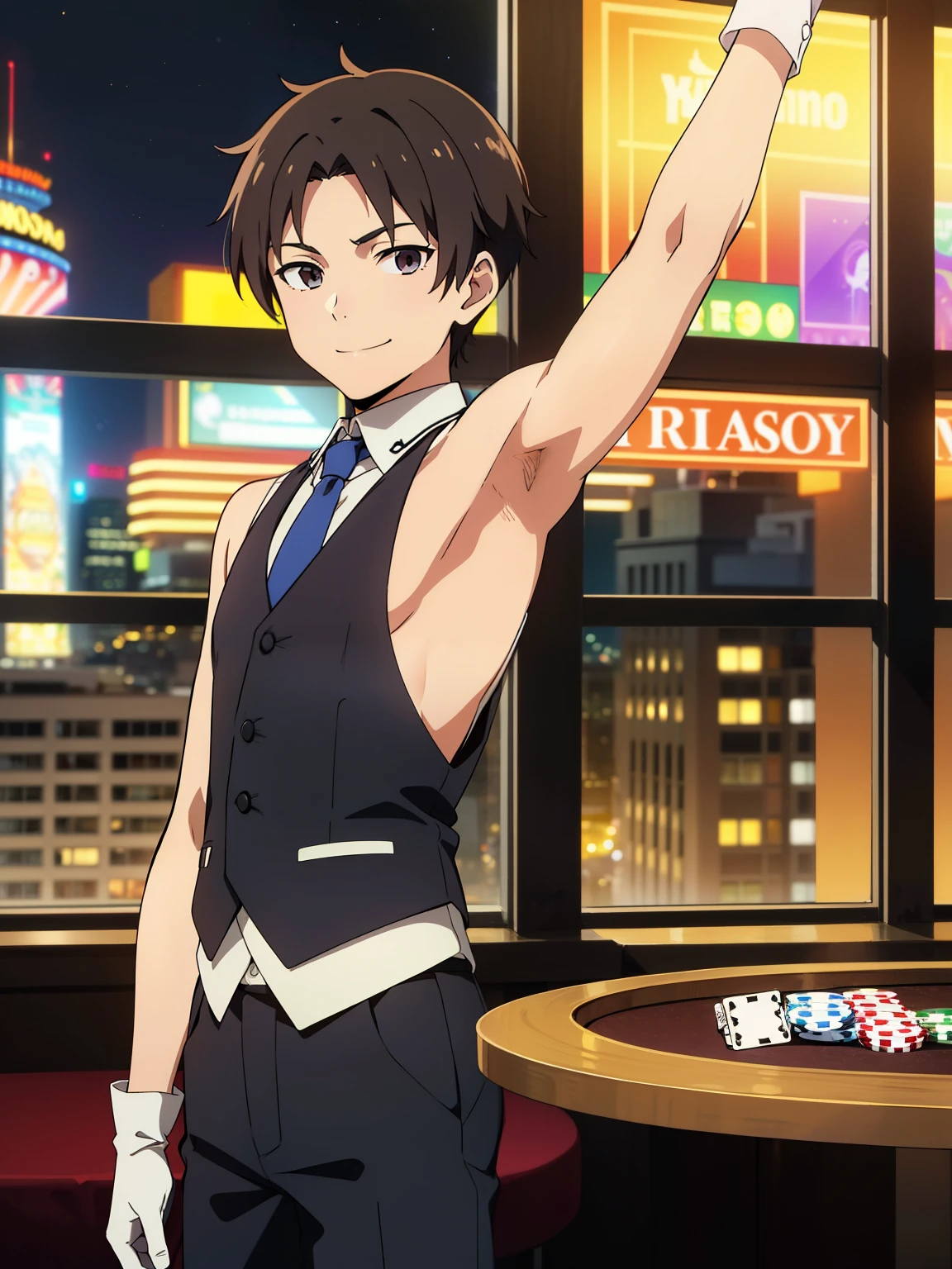 Highres, Masterpiece, Best quality at best,Best Quality,hight quality, hight detailed, Anime style, 1boy, Boy, Shota, Solo person, Sleeveless vest, Narrow shoulder, Tie, Gloves, Choker, Casino, Waiter, night day, Slim body, smile, Body, in front of a table, large windows overlooking the city in the background, Seen from the front, (Showing armpit:1.3), (very young boy), (very small and short body), Age 12,Uhd, bokeh