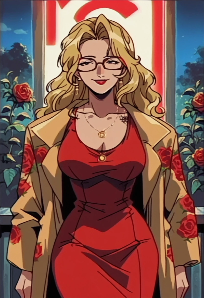 beautyful mature woman, Shion Karanomori based, blonde wavy hair, encorped body, golden fur coat jacket, red dress, red glasses, red lipstick, necklaces, roses tattoo, night, red neon light, milf, smile, sit in a chair
