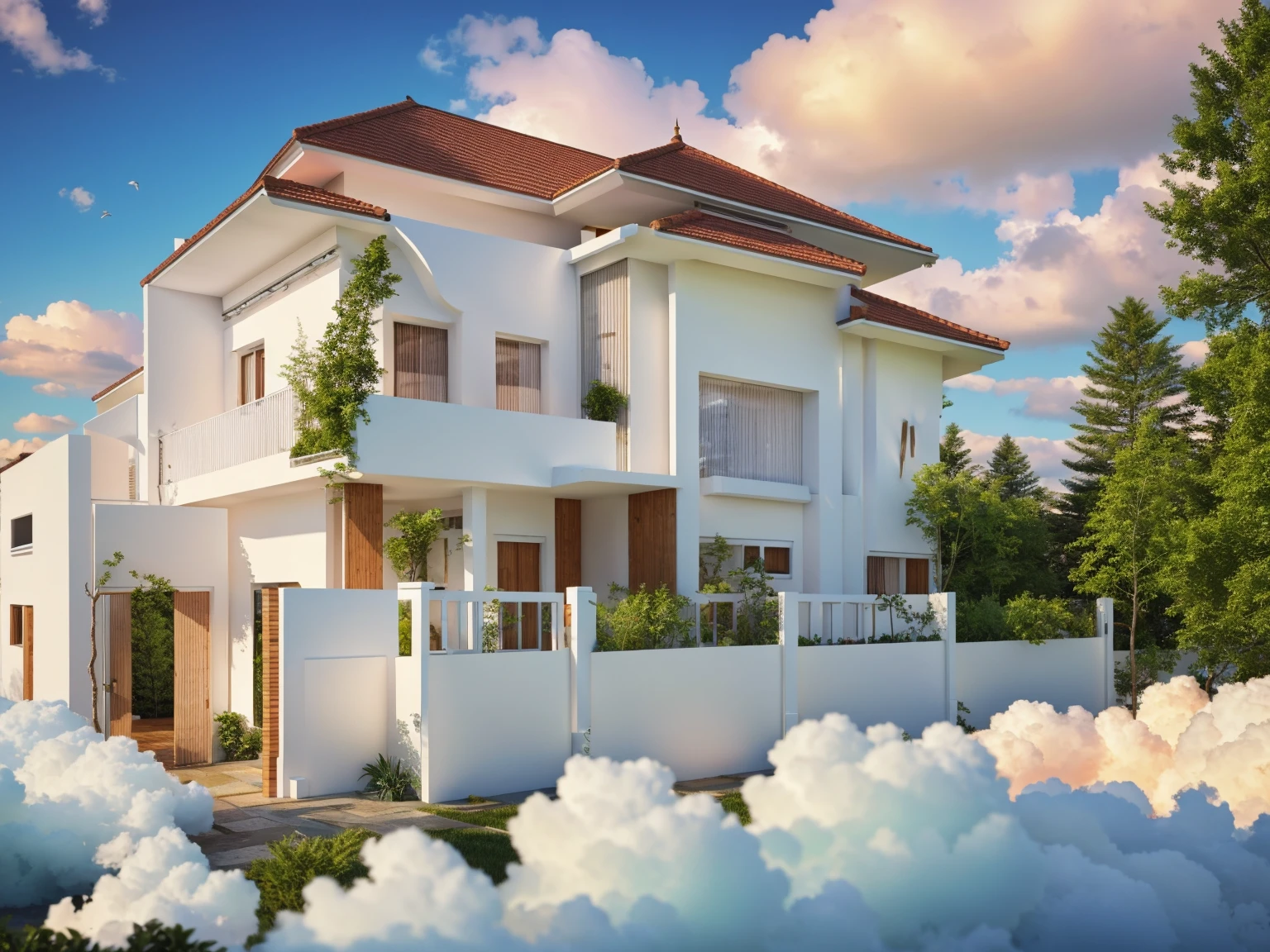 Exterior, house, luxury, modern style, reflective glass material, white wall paint, stone wall, wooden ceiling, in the city, crowded street, many cars, many people, many trees, Trees on the roof, sunrise, empty clouds, 8k, vray image