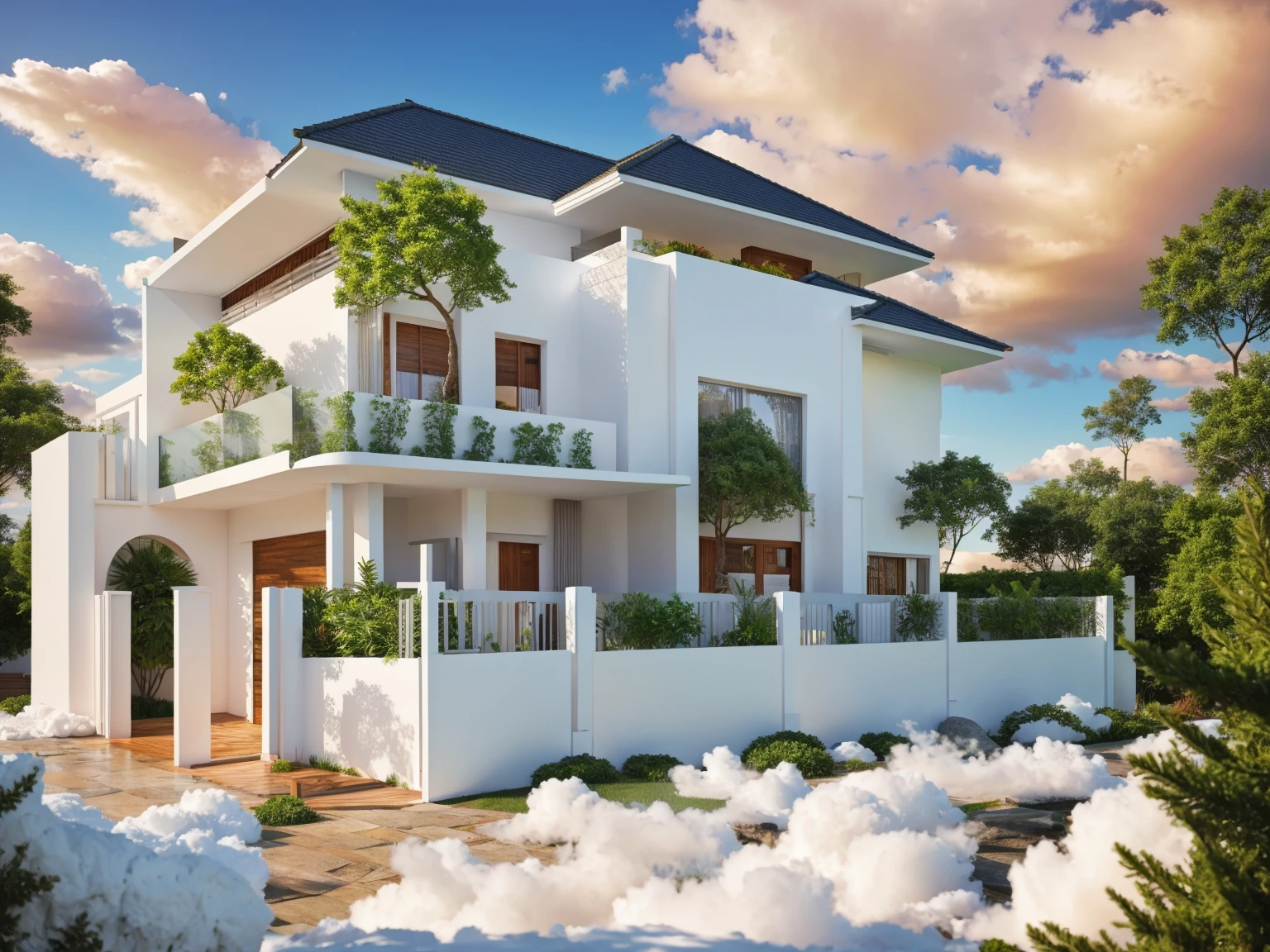 Exterior, house, luxury, modern style, reflective glass material, white wall paint, stone wall, wooden ceiling, in the city, crowded street, many cars, many people, many trees, Trees on the roof, sunrise, empty clouds, 8k, vray image