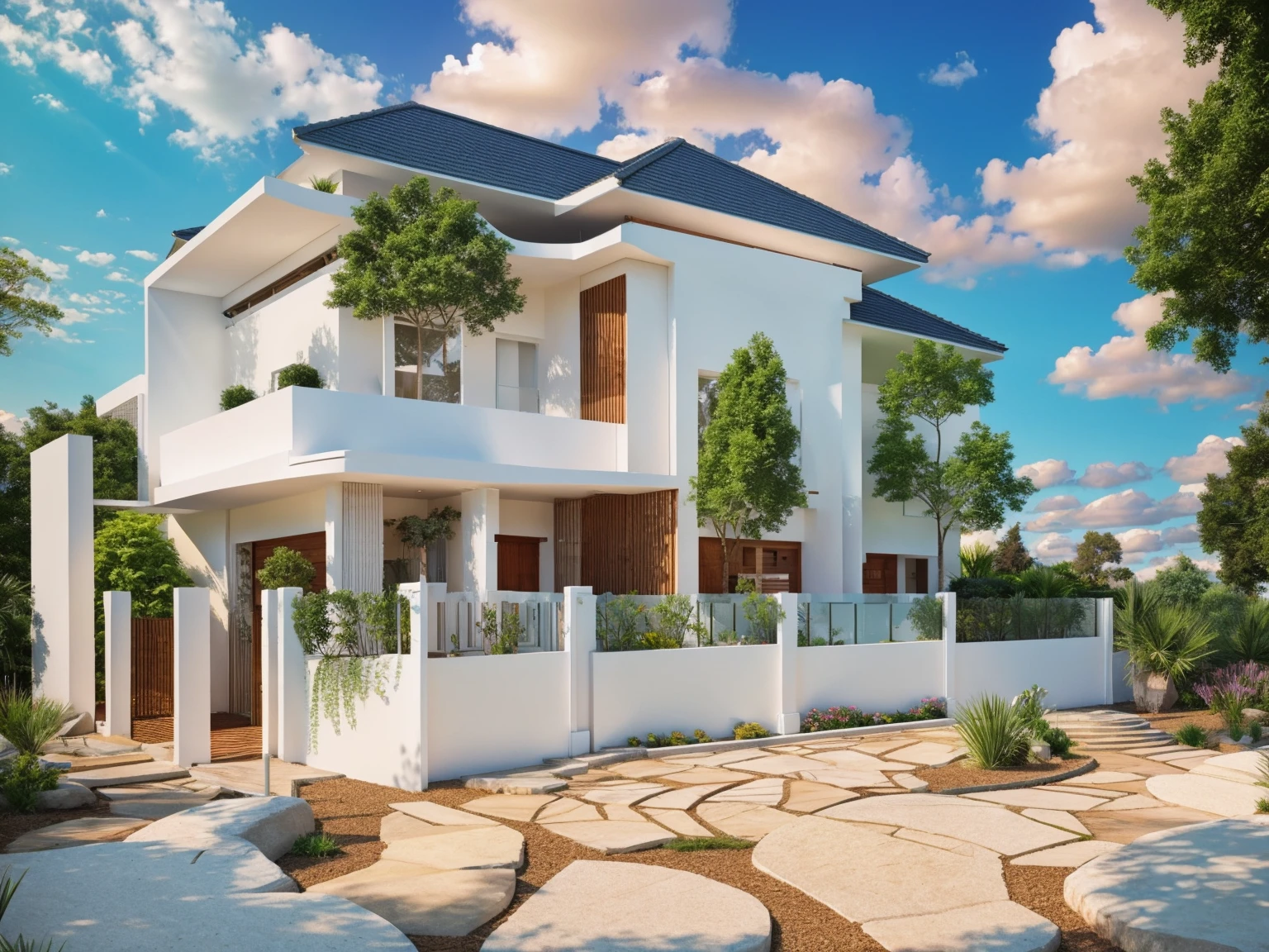 Exterior, house, luxury, modern style, reflective glass material, white wall paint, stone wall, wooden ceiling, in the city, crowded street, many cars, many people, many trees, Trees on the roof, sunrise, empty clouds, 8k, vray image