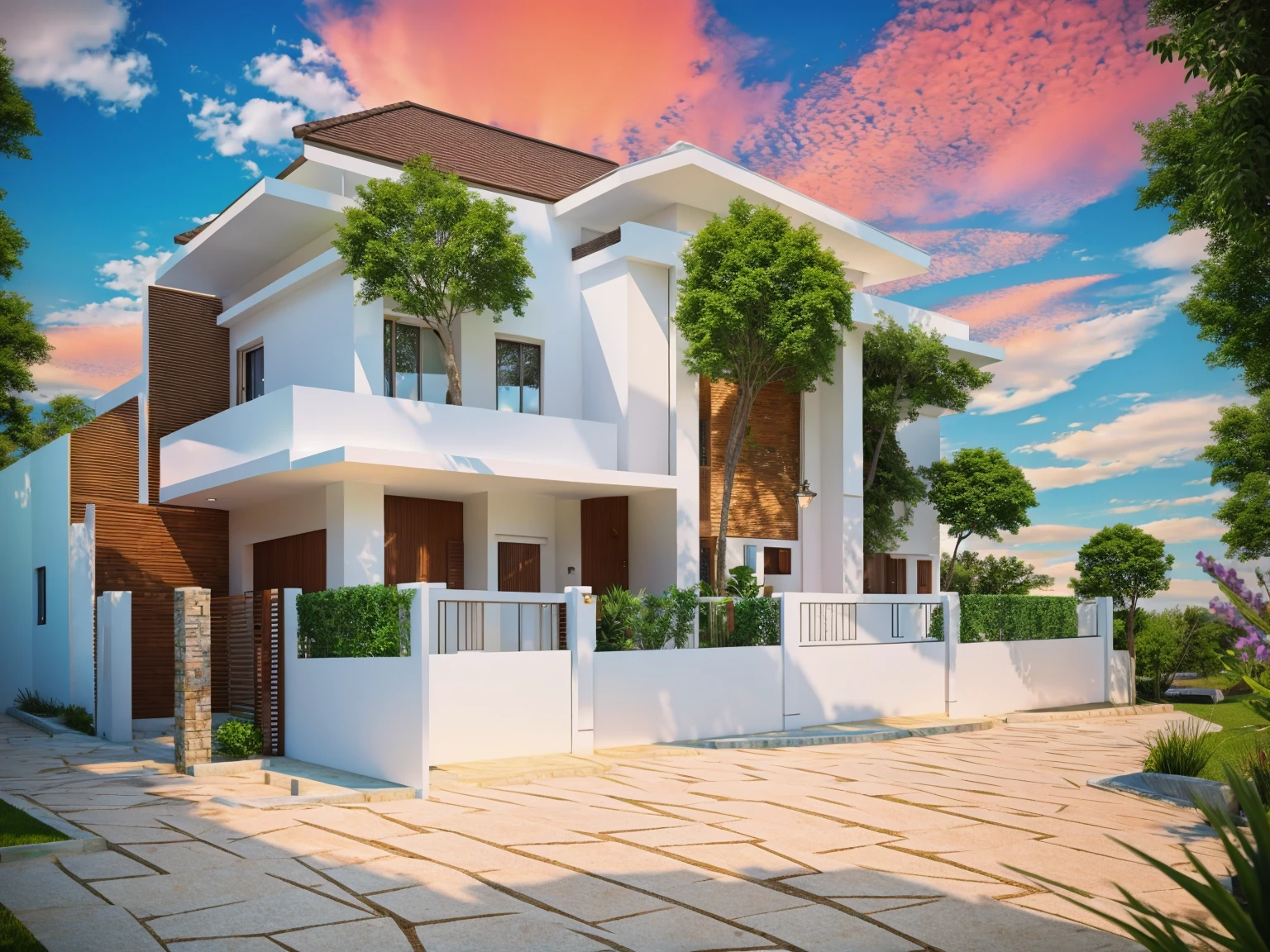 Exterior, house, luxury, modern style, reflective glass material, white wall paint, stone wall, wooden ceiling, in the city, crowded street, many cars, many people, many trees, Trees on the roof, sunrise, empty clouds, 8k, vray image