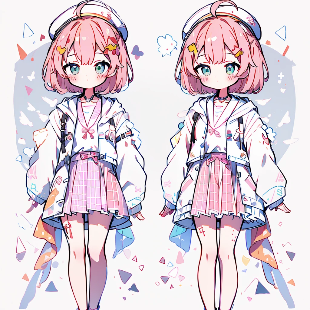 MikoSchool, ahoge, short hair, hairclip, white headwear, , white shirt, sailor collar, pink skirt, plaid, thighhighs, pink jacket