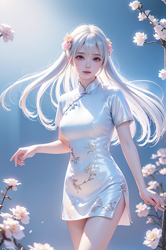 ((Above the knee images))((masterpiece:1.5、8K、Portraiture、フォトリアリスティックでVery detailedなCG、Very detailed、Particle Effects、Dynamic Effects、Written boundary depth、Cinematic Light、Lens flare、Ray Tracing、Tabletop、Realistic:1.4、Ultra-high resolution:1.2、Realistic、Realistic))((alone、No sleeve,A woman wearing a Chinese dress:1.4、Model-like pose:、Side bust、Ample breasts、Detailed face、Bright expression、young, Brighter, Whiter skin、Best Looks、Ultimate beauty、White hair with shiny highlights:1.8、bright and shiny hair,, Silky straight hair、Hair swaying in the wind))(Wonderful transparent flower々Surrounded by、White Background、Great background、Thin petals fluttering down)