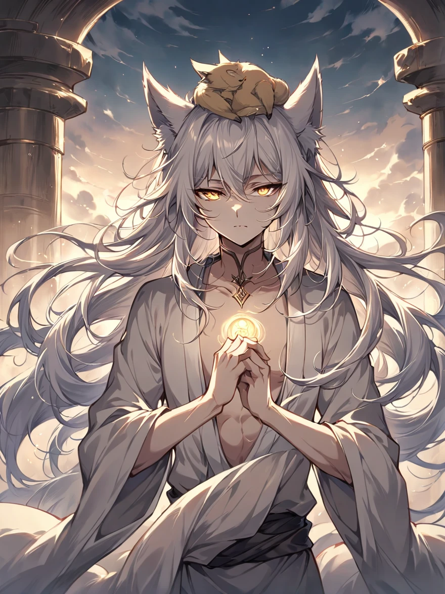 ((Best quality)), ((masterpiece)), (detailed), ((perfect face))、miyabi,a man, Long, flowing silver hair with delicate strands.
Sharp, piercing golden eyes. Fox ears on top of his head.
Serious and slightly mysterious.Pale and smooth.
Wears a robe that is slightly open at the chest, revealing part of his well-defined upper body.
The character exudes a sense of elegance and strength, with a calm and enigmatic aura. The lighting emphasizes his facial features and hair texture, creating a soft, almost ethereal glow.、In an ancient temple, Meditating, Dusk, Symmetrical, Close-up, Dim and mystical, Character's hands, Stone-like, Spiritual, anime style, attractive anime, pixiv fan art