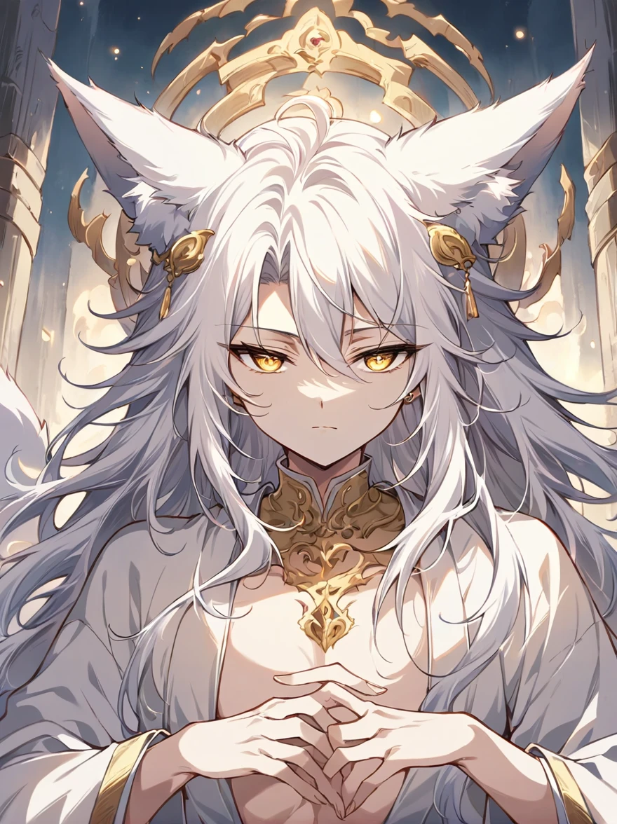 ((Best quality)), ((masterpiece)), (detailed), ((perfect face))、miyabi,a man, Long, flowing silver hair with delicate strands.
Sharp, piercing golden eyes. Fox ears on top of his head.
Serious and slightly mysterious.Pale and smooth.
Wears a robe that is slightly open at the chest, revealing part of his well-defined upper body.
The character exudes a sense of elegance and strength, with a calm and enigmatic aura. The lighting emphasizes his facial features and hair texture, creating a soft, almost ethereal glow.、In an ancient temple, Meditating, Dusk, Symmetrical, Close-up, Dim and mystical, Character's hands, Stone-like, Spiritual, anime style, attractive anime, pixiv fan art