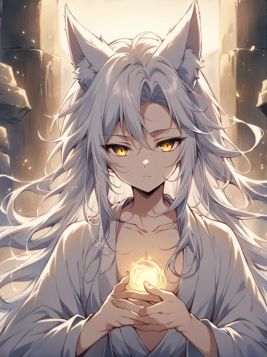 ((Best quality)), ((masterpiece)), (detailed), ((perfect face))、miyabi,a man, Long, flowing silver hair with delicate strands.
Sharp, piercing golden eyes. Fox ears on top of his head.
Serious and slightly mysterious.Pale and smooth.
Wears a robe that is slightly open at the chest, revealing part of his well-defined upper body.
The character exudes a sense of elegance and strength, with a calm and enigmatic aura. The lighting emphasizes his facial features and hair texture, creating a soft, almost ethereal glow.、In an ancient temple, Meditating, Dusk, Symmetrical, Close-up, Dim and mystical, Character's hands, Stone-like, Spiritual, anime style, attractive anime, pixiv fan art