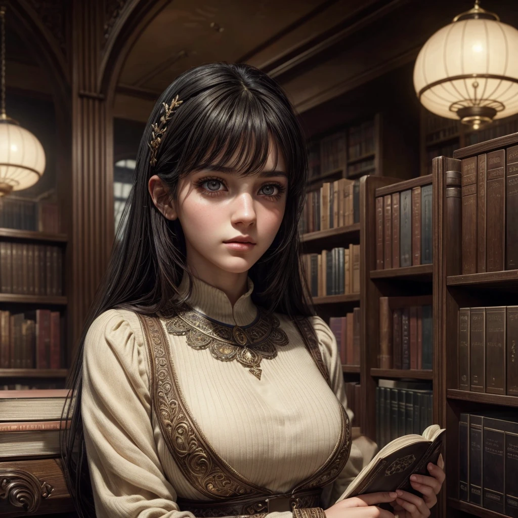 A girl in a school library,dark hair,,detailed face,beautiful eyes,long eyelashes,beautiful lips,intricate details,photorealistic,highly detailed,masterpiece,8k,ultra realistic,dramatic lighting,cinematic atmosphere,warm color tones,fantasy art style,magical realism