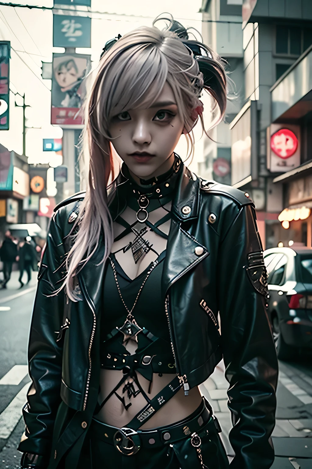 araffe girl with pink hair and a leather jacket posing for a picture, cyberpunk art by Shitao, tumblr, aestheticism, goth aesthetic, anime style mixed with fujifilm, aesthetic cyberpunk, punk style, cyberpunk streetwear, dressed in punk clothing, cruel korean goth girl, goth girl aesthetic, wearing cyberpunk streetwear, pastel goth aesthetic