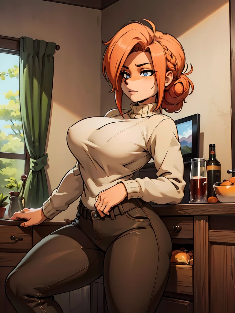 A red-haired girl with braided hair wearing a 
cozy sweater, camouflage unzipped pants, and army combat boots, relaxing seduce face The girl is an anthropomorphic bandicoot.  Take off pants, The artwork should have the best quality, 4k resolution, high resolution, and be a masterpiece. It should be ultra-detailed and realistic, with a portrait style. The color tone should have a focus on vibrant reds. The lighting should highlight the girl's face and bring out the details in her hair. night, futa 