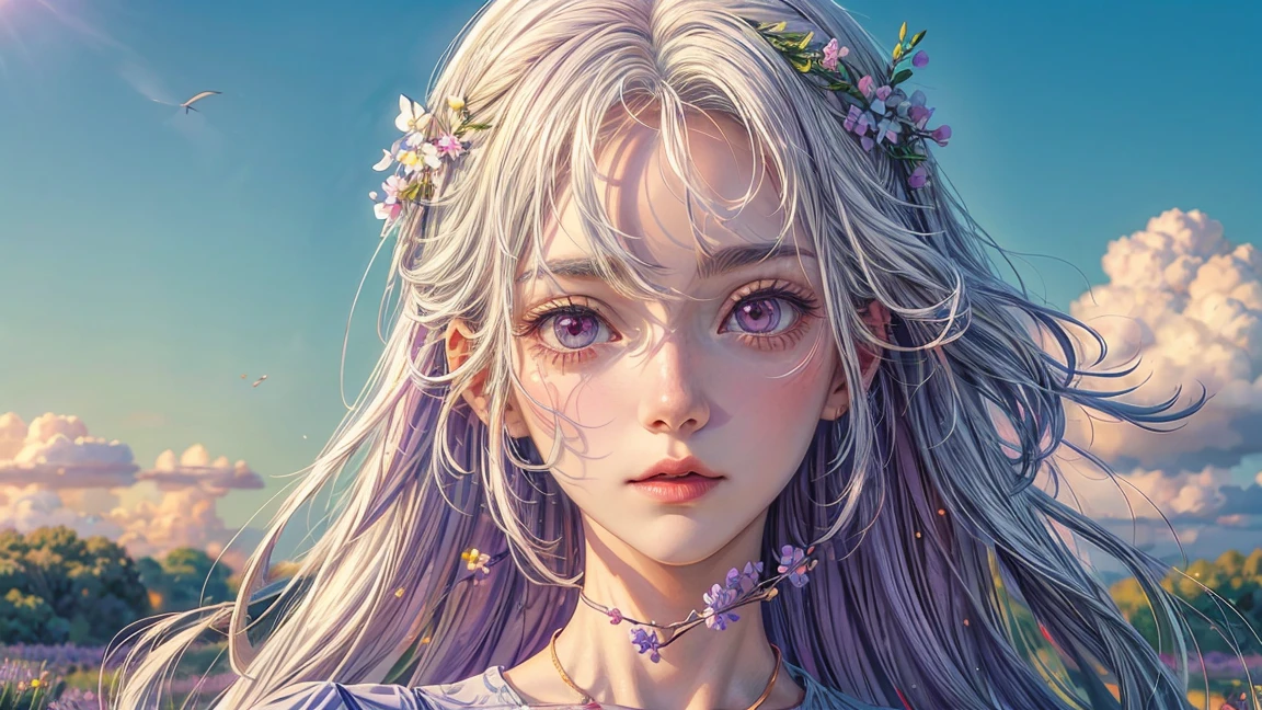 Illustration by Hergé, portrait of a beautiful girl, glowing white hair, long messy hair, beautiful face, girl holding plum red lavender branch, eyes sparkling like the universe, she is in a lavender field, her hair is gently flying, the sky is blue, cloudy, gentle sunshine, Beautiful color combination, Perfect composition, meticulous drawing details, 8k, pastel colors,