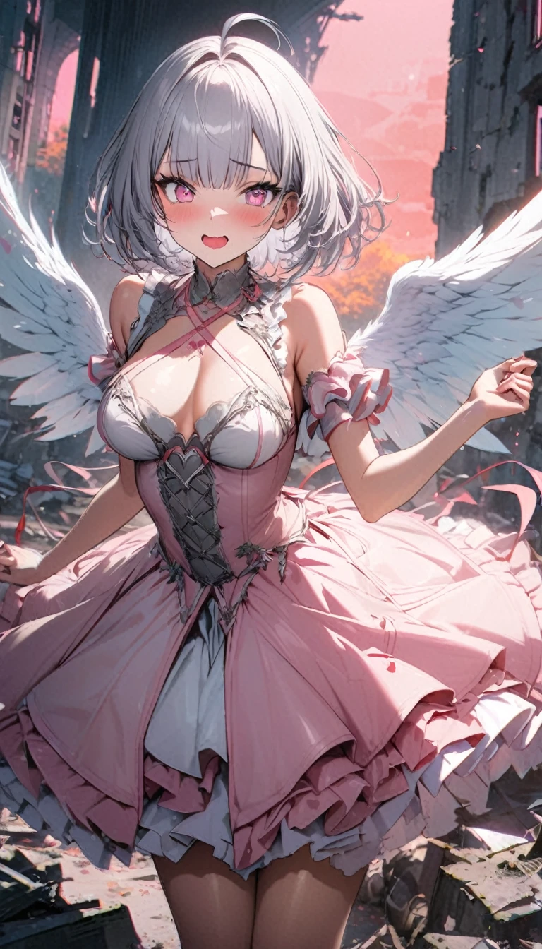 best quality, super fine, 16k, incredibly absurdres, extremely detailed, 2.5D, delicate and dynamic depiction, cute woman, silver bob cut, three ahoge, white and pink long ruffle skirt princess dress, big red ribbon on chest, angel wings, amorous and lewd expression, make-up, prime lenses, lens filters, clear subject, soft pastel color image effects, background ruins