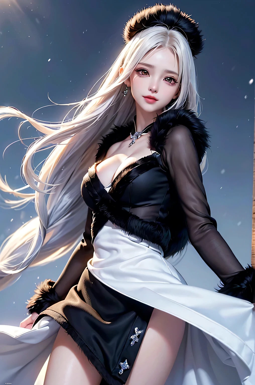 ((masterpiece:1.5、8K、Tabletop、Photorealistic and very detailed CG、Very detailed、Particle Effects、Dynamic Effects、Shallow depth of field、Cinematic Light、Lens flare、Ray Tracing、Tabletop、Realistic:1.4、Ultra-high resolution:1.2、Realistic、Realistic))((alone、,A woman wearing a black fur coat over an off-the-shoulder sweater:1.4、Elegant woman posing、Detailed face、brightexpression、young, bright, Whiter skin、medium breasts、Beautiful cleavage、Best Looks、ASİAN、Ultimate beauty、White hair with shiny highlights、bright and shiny hair,、Super long, Silky straight hair、Hair dancing in the wind))(morning、The setting is outdoors in the snow、Crystal of snow)