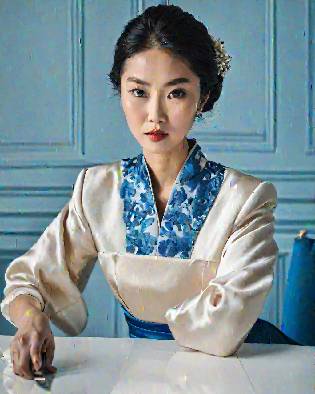 elegant asian woman, closeup, sitting at a table, waring a white and blue dress, her hands holding a knife sideways to the camera, arms leaning on the table, looking at the camera, blue and white room