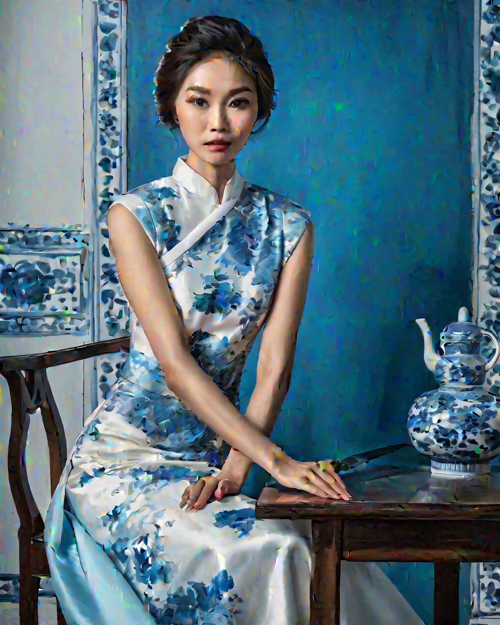 elegant asian woman, closeup, sitting at a table, waring a white and blue dress, her hands holding a knife sideways to the camera, arms leaning on the table, looking at the camera, blue and white room