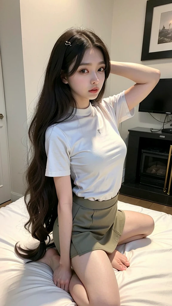 Full body photo of a woman with long hair and a white shirt,  revealing clothing、Federal Army Uniform、sleevelesicro mini skirt、
