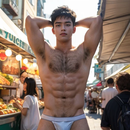 two men in leather underwear standing next to each other on a street, roberto ferri and ruan jia, black leather harness, 2 muscular attractive men, muscular men entwined together, alessio albi and shin jeongho, two muscular men entwined, gay, hard rubber chest, black harness, harness, wearing leather swim suite, Full body, Detailed handsome face, Very DIRTY, Black hair, showing off his hairy armpits, Big bulge, very hairy armpits, hairy pubic, hairy crotch, Cute handsome face, In the dirty alley, Zephyr stands bound, WEARING Tiny thong, his wrists encased in supple leather cuffs that accentuate the lines of his forearms. A bondage chest harness adorns his upper body, its intricate design revealing the play of shadows on the exposed skin of his chest. The ambient lighting casts a warm glow, creating an interplay of light and darkness. Zephyr's legs, enveloped in calf-to-thigh leather restraints, add a visual symmetry to the scene. The leather straps, secured with meticulous precision, enhance the aesthetic appeal of his bound form. The absence of a body panel in the chest harness exposes his torso, highlighting the vulnerability and sensuality of the moment. As Zephyr's hair falls slightly disheveled around his face, the room captures the scents of leather and anticipation. The alley becomes a canvas for the visual impact of restraint, each element contributing to the immersive experience. The intricate details of the bindings and the interplay of light create a visually compelling scene, ripe for exploration by an AI image generator. Both Arms behind back, handcuffed. Nipple clamps.