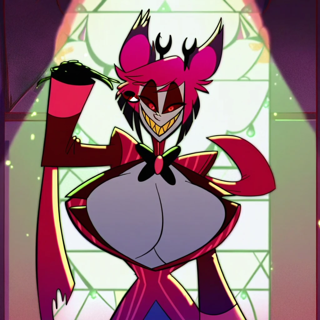 alastor, solo, 1girl, standing, (huge breasts:1.5), grey skin, red suit, monocle, BREAK score_9, score_8_up, screencap, (((lighting on body)))
