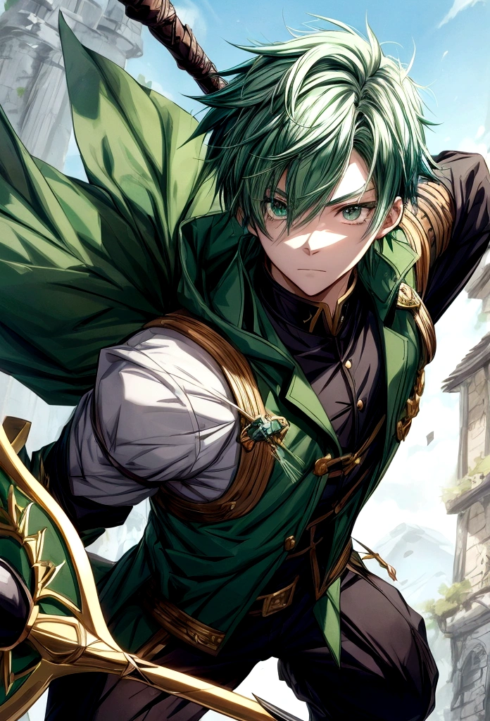 An anime boy with pine green hair, shorth hair, eye covered with hair, bow and arrow, black outfit white and gold details, Medieval RPG Theme