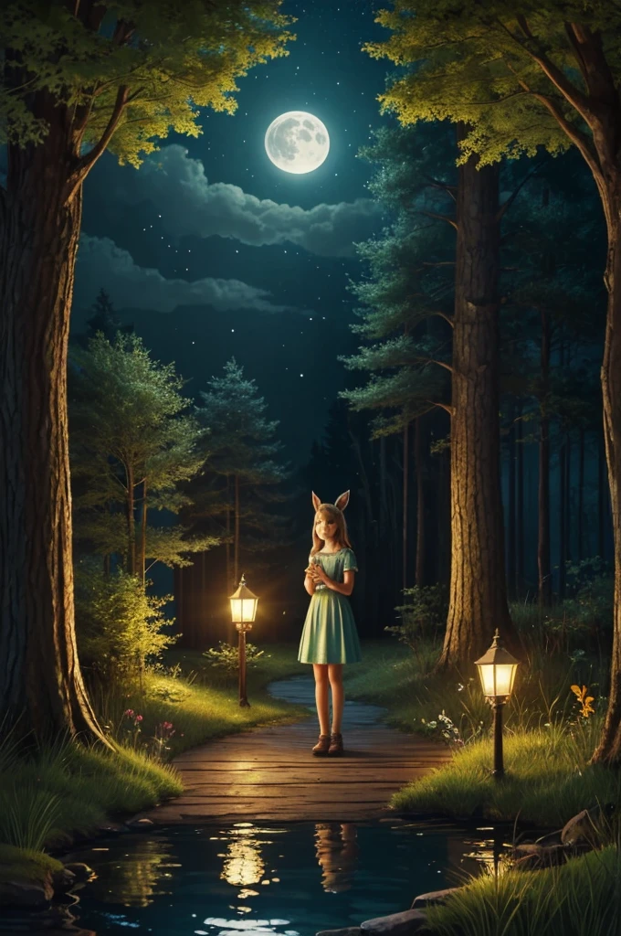Make the illustration realistic Girl enters the forest:
Image of a girl, standing at the edge of a dark and dense forest. You can draw a mixture of surprise and determination on her face.. Fireflies may be drawn around, creating a magical atmosphere.
Meeting with forest animals:
Illustration of a girl, sitting in a clearing, surrounded by forest animals. Let them be friendly animals, like hares, squirrels and fawns, Maybe, with a slightly fabulous view, For example, with shiny eyes or small wings.
Forest Creatures:
Image of a girl meeting fairy-tale creatures. It could be elves, fairies or little gnomes. They can be drawn around her, helping or showing the way.
Magic tree:
Illustration of a big, old wood with door and windows, Maybe, With light, coming from within. A girl can stand in front of a tree, looking surprised and fascinated.
night forest:
Picture of a girl, walking along a path in the night forest, illuminated by the moon and stars. Good creatures may be drawn along the way, such as the wise owl or glowing fireflies, lighting her way.
Magic Pond:
Image of a girl у волшебного пруда, where you can see reflections of magical creatures or glowing fish in the water. Maybe, There is a talking frog or little mermaid standing near the pond.
A house in the woods:
House illustration, hidden in the forest, with warmth and comfort, coming from within. The girl may be standing at the doorstep, and she is greeted by friendly forest creatures.