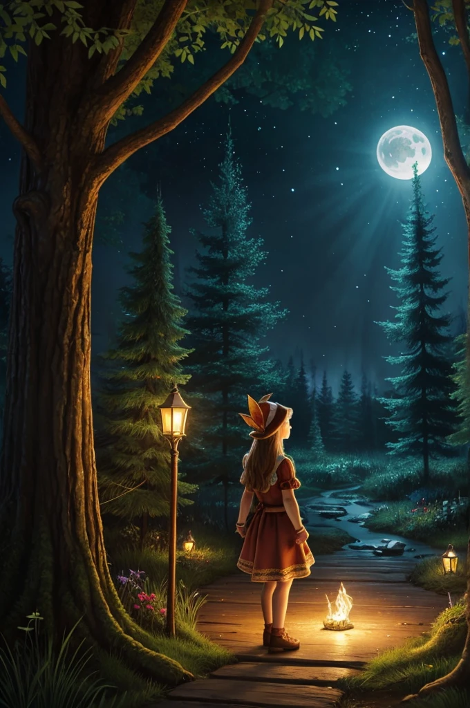 Make the illustration realistic Girl enters the forest:
Image of a girl, standing at the edge of a dark and dense forest. You can draw a mixture of surprise and determination on her face.. Fireflies may be drawn around, creating a magical atmosphere.
Meeting with forest animals:
Illustration of a girl, sitting in a clearing, surrounded by forest animals. Let them be friendly animals, like hares, squirrels and fawns, Maybe, with a slightly fabulous view, For example, with shiny eyes or small wings.
Forest Creatures:
Image of a girl meeting fairy-tale creatures. It could be elves, fairies or little gnomes. They can be drawn around her, helping or showing the way.
Magic tree:
Illustration of a big, old wood with door and windows, Maybe, With light, coming from within. A girl can stand in front of a tree, looking surprised and fascinated.
night forest:
Picture of a girl, walking along a path in the night forest, illuminated by the moon and stars. Good creatures may be drawn along the way, such as the wise owl or glowing fireflies, lighting her way.
Magic Pond:
Image of a girl у волшебного пруда, where you can see reflections of magical creatures or glowing fish in the water. Maybe, There is a talking frog or little mermaid standing near the pond.
A house in the woods:
House illustration, hidden in the forest, with warmth and comfort, coming from within. The girl may be standing at the doorstep, and she is greeted by friendly forest creatures.