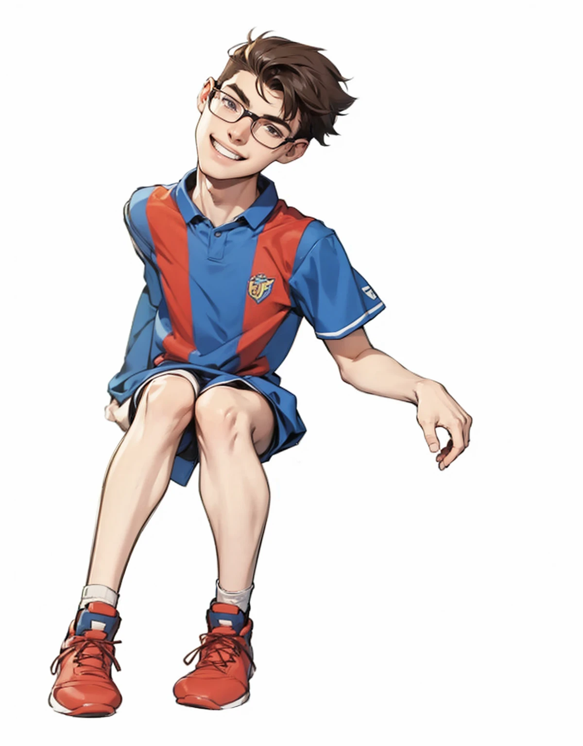 19 year old skinny boy sitting on his hand with happy face wearing nerd football team uniform
