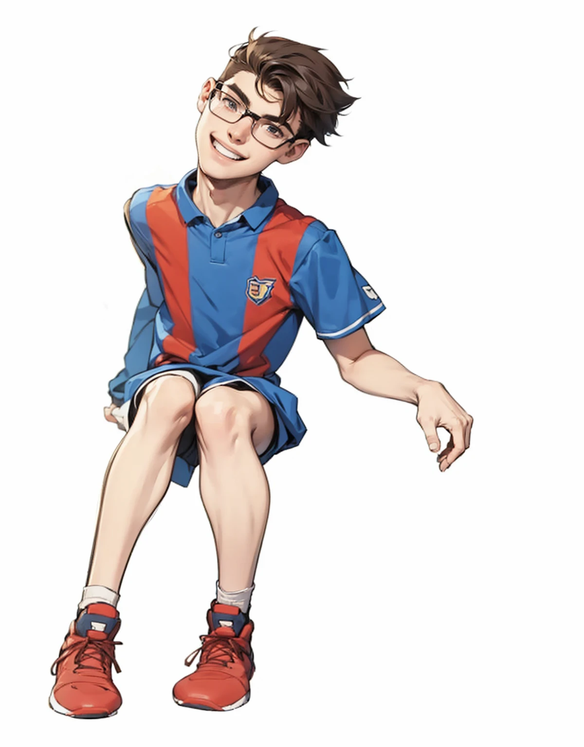 19 year old skinny boy sitting on his hand with happy face wearing nerd football team uniform