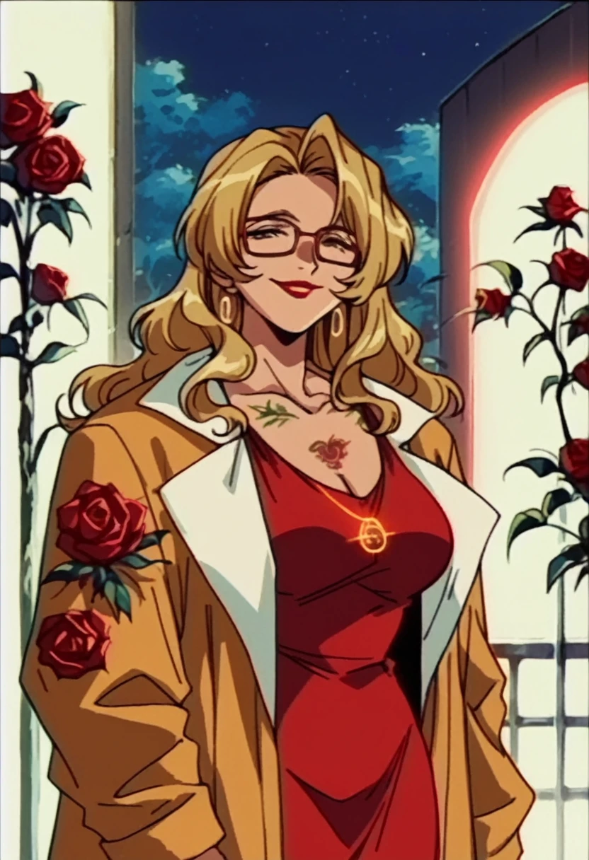 beautyful mature woman, Shion Karanomori based, blonde wavy hair, encorped body, golden fur coat jacket, red dress, red glasses, red lipstick, long necklaces, roses tattoo, night, red neon light, milf, smile