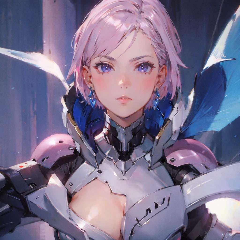 close-up glamour shot of 1girl, light pink short hair, silver eyes, glossy lips, sapphire earrings, wearing draconic armour, iper-realistic, masterpiece, cinematic lighting, best quality, anatomically perfect.