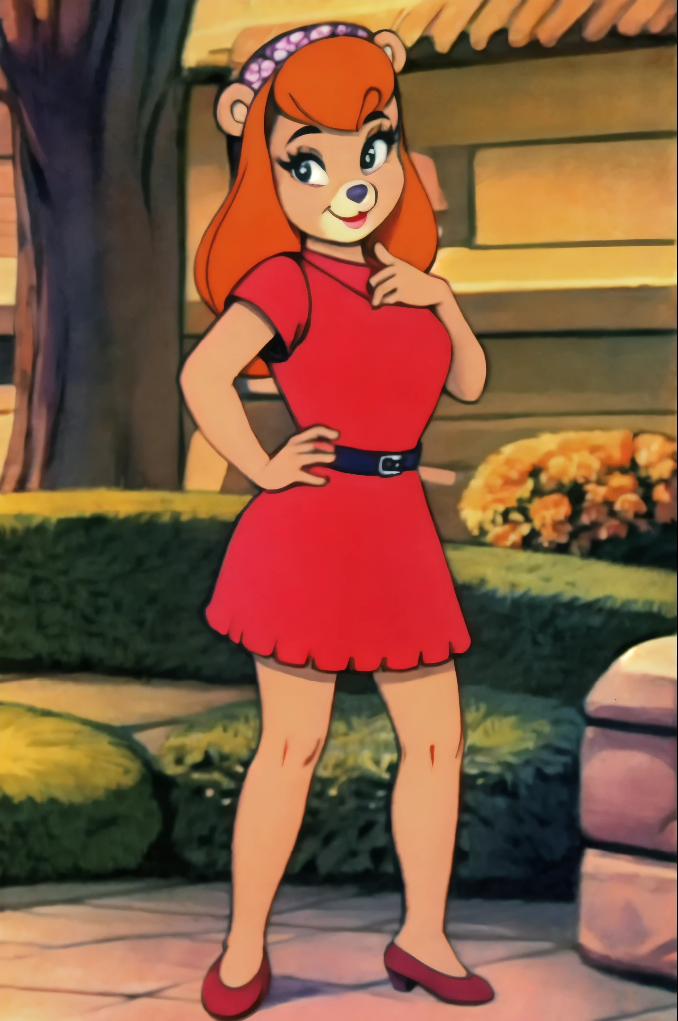 fashionable 60s young lady bear, red_dress, girlfriend, wife, cute pose