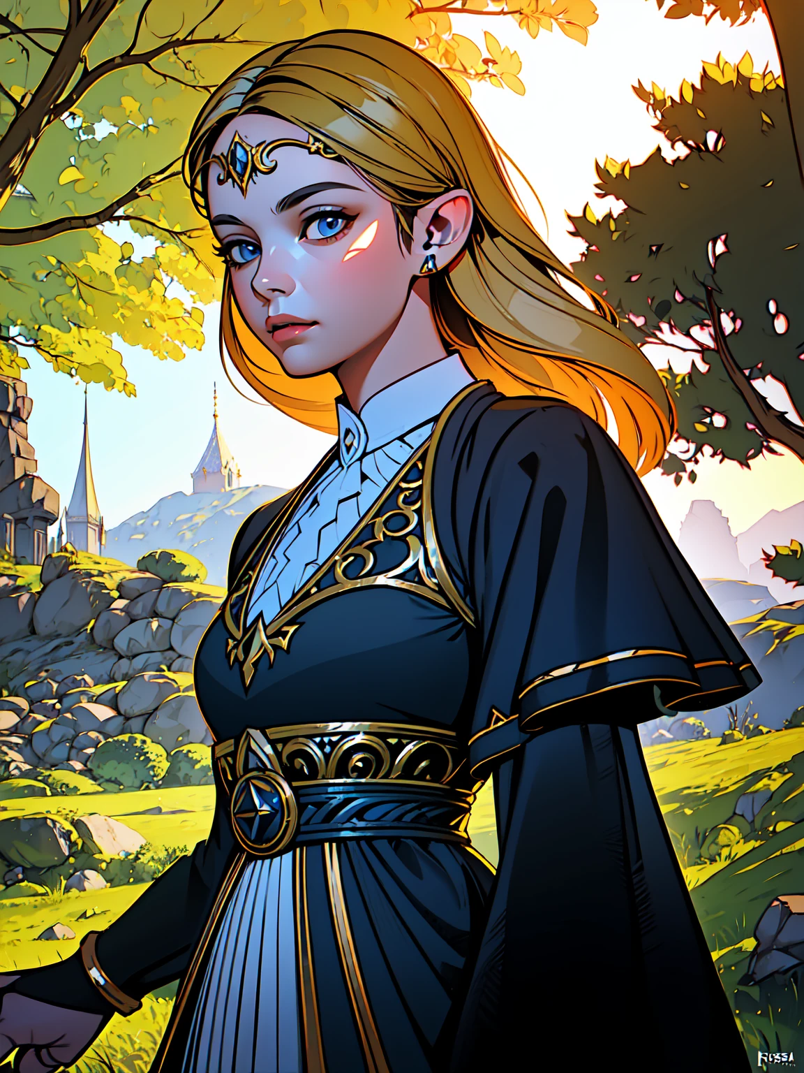 a beautiful detailed portrait of princess zelda, long blonde hair, intricate circlet crown, piercing blue eyes, delicate facial features, elegant royal dress, medieval fantasy, cinematic lighting, dramatic shadows, vibrant colors, detailed background, lush forest, castle architecture, epic fantasy art, highly detailed, 8k, photorealistic