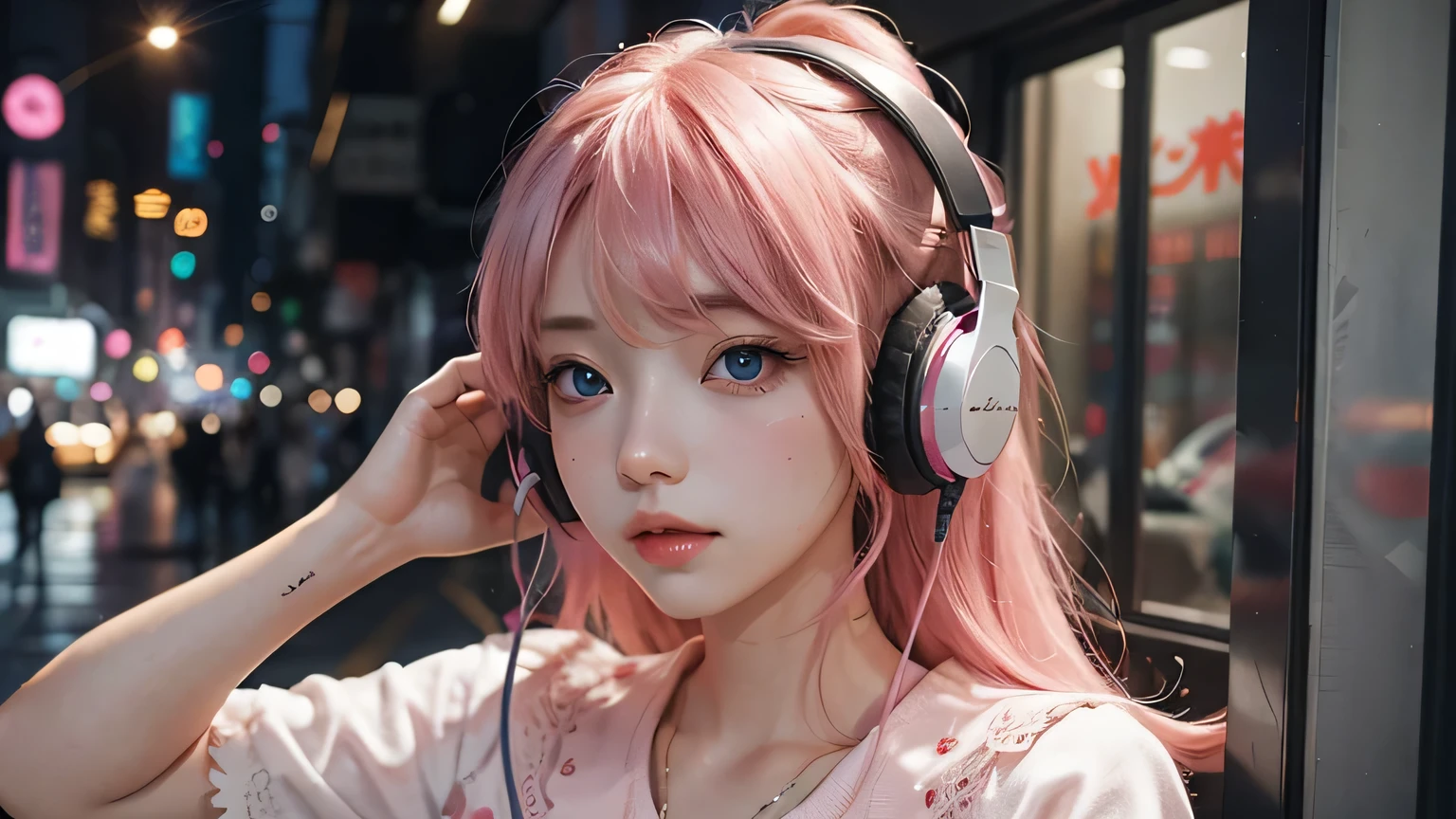 Beautiful girl with gorgeous dreamy eyes,Her hair is pink、listening to music with headphones on。