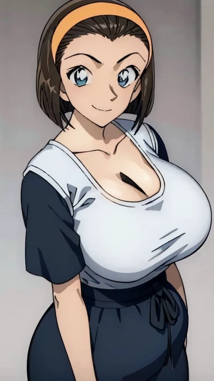 Looking into the camera、When I Look at You、lookatviewer、Anime Style、eroge、1 girl,  (Huge long breasts:1.2), (White T-shirt、Cleavage、black long skirt)、Low - Angle、Brown haired, hair band、short hair、Bob Hair、The forehead is visible、smile,Round Breasts、women、Pregnant women