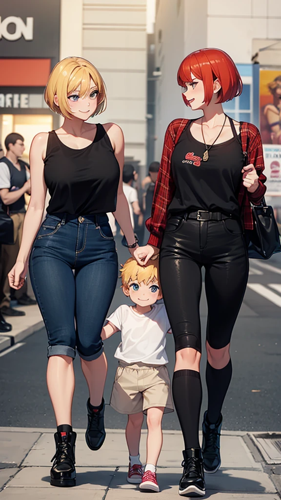 two sexy women in looking at boy with blonde hair and shorts, flirtatious smiles, women have red hair and short hairstyles