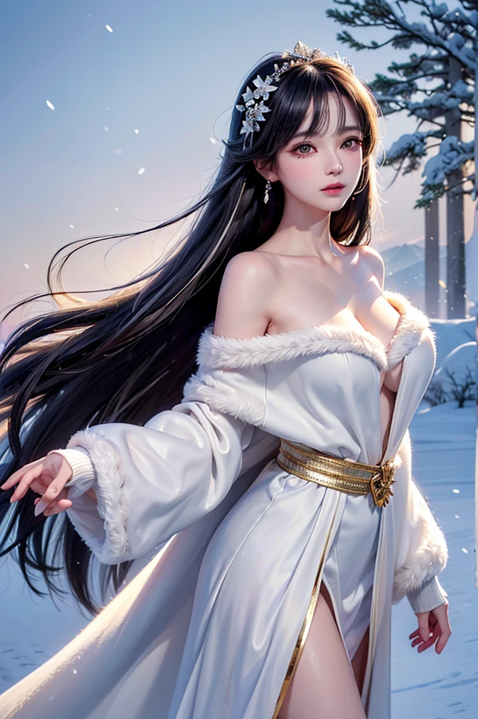 ((masterpiece:1.5、8K、Tabletop、フォトリアリスティックでVery detailedなCG、Very detailed、Particle Effects、Dynamic Effects、Shallow depth of field、Cinematic Light、Lens flare、Ray Tracing、Tabletop、Realistic:1.4、Ultra-high resolution:1.2、Realistic、Realistic))((alone、,A woman wearing a black fur coat over an off-the-shoulder sweater:1.4、Elegant woman posing、Detailed face、bright表情、young, bright, Whiter skin、medium breasts、Beautiful cleavage、Best Looks、Asian、Ultimate beauty、bright and shiny hair,、Super long, Silky straight hair、Hair dancing in the wind))(morning、The setting is outdoors in the snow、Crystal of snow)((White hair with shiny highlights))