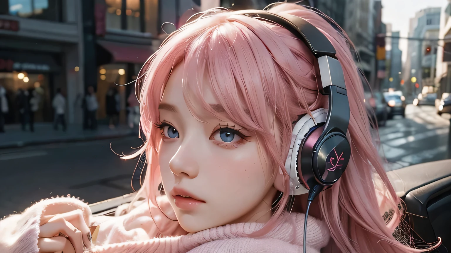 Beautiful girl with gorgeous dreamy eyes,Her hair is pink、listening to music with headphones on。