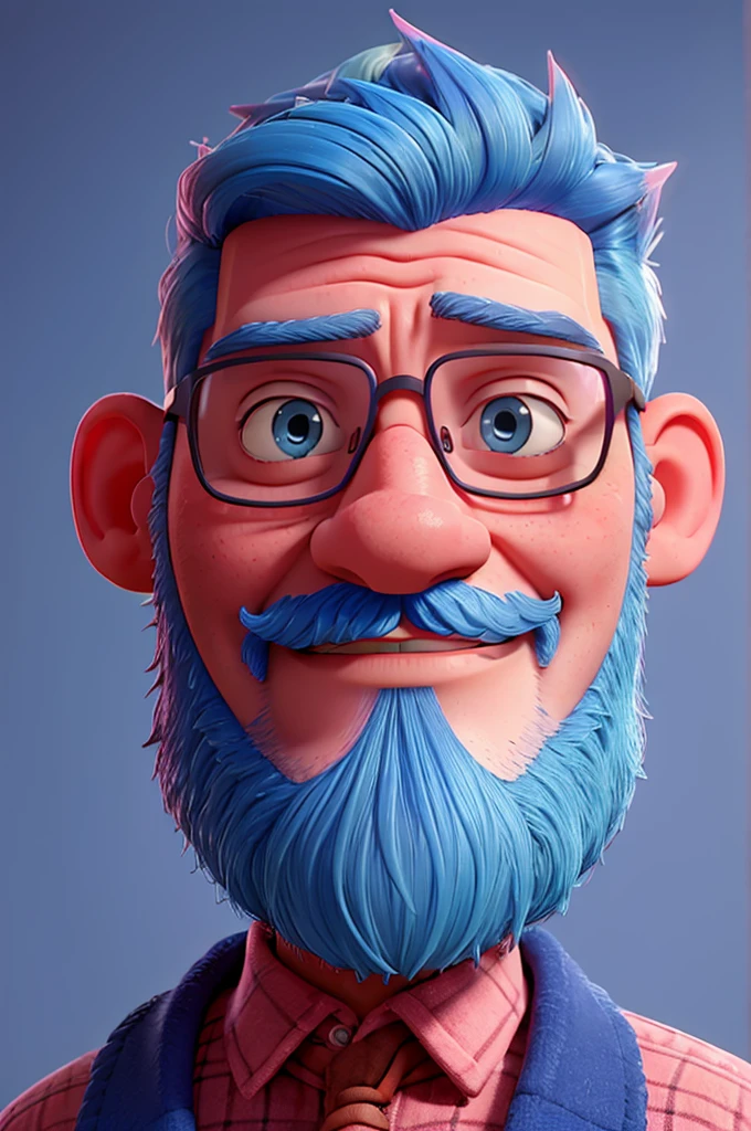 MAN WITH BLUE HAIR PINK BEARD WEARING A GLASSES