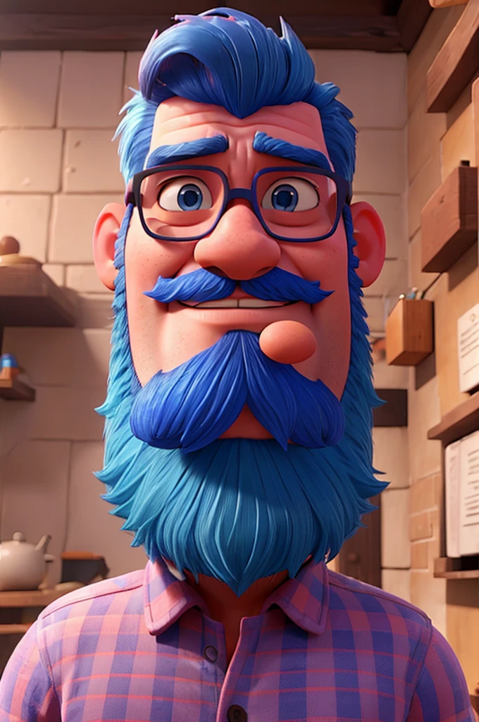 MAN WITH BLUE HAIR PINK BEARD WEARING A GLASSES 