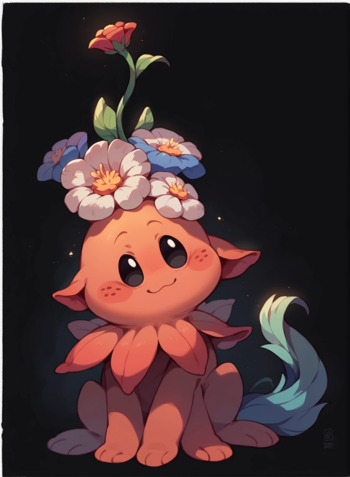 Cute root monster, small eyes, full black eyes, full of flowers