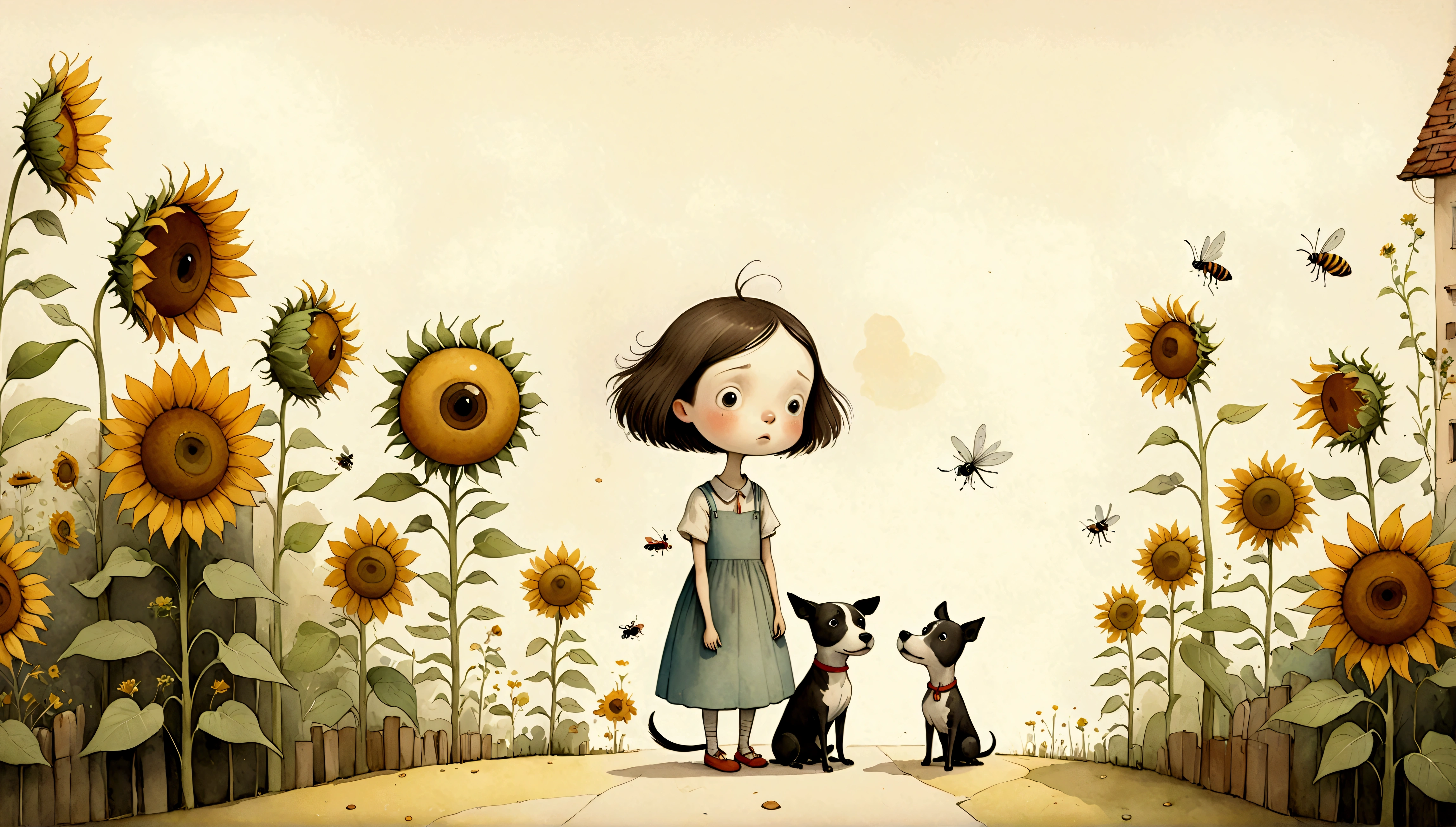 An illustration,(Draw the children with surprised expressions),(Children with open mouths and disappointed expressions),Some children sat down in shock.,children are wearing summer clothes,(The background is the garden of a house in town),sunflowers are blooming,dog snuggles,group,BREAK,Children have insect nets and insect cages.,straw hat,BREAK,cute illustration,surreal,artwork,Expressively,This is an illustration that looks like a picture book illustration.,draw with thick lines,Please draw with a gentle touch,Draw with pencil and watercolors,Gabriel Pacheco Style page,anatomically correct,perfect anatomy,structurally correct,Optimal configuration