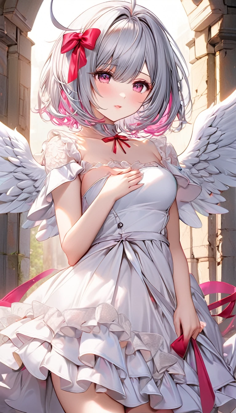 best quality, super fine, 16k, incredibly absurdres, extremely detailed, 2.5D, delicate and dynamic depiction, cute woman, silver bob cut, three ahoge, white and pink long ruffle skirt princess dress, big red ribbon on chest, angel wings, amorous and lewd expression, make-up, prime lenses, lens filters, clear subject, soft pastel color image effects, background ruins
