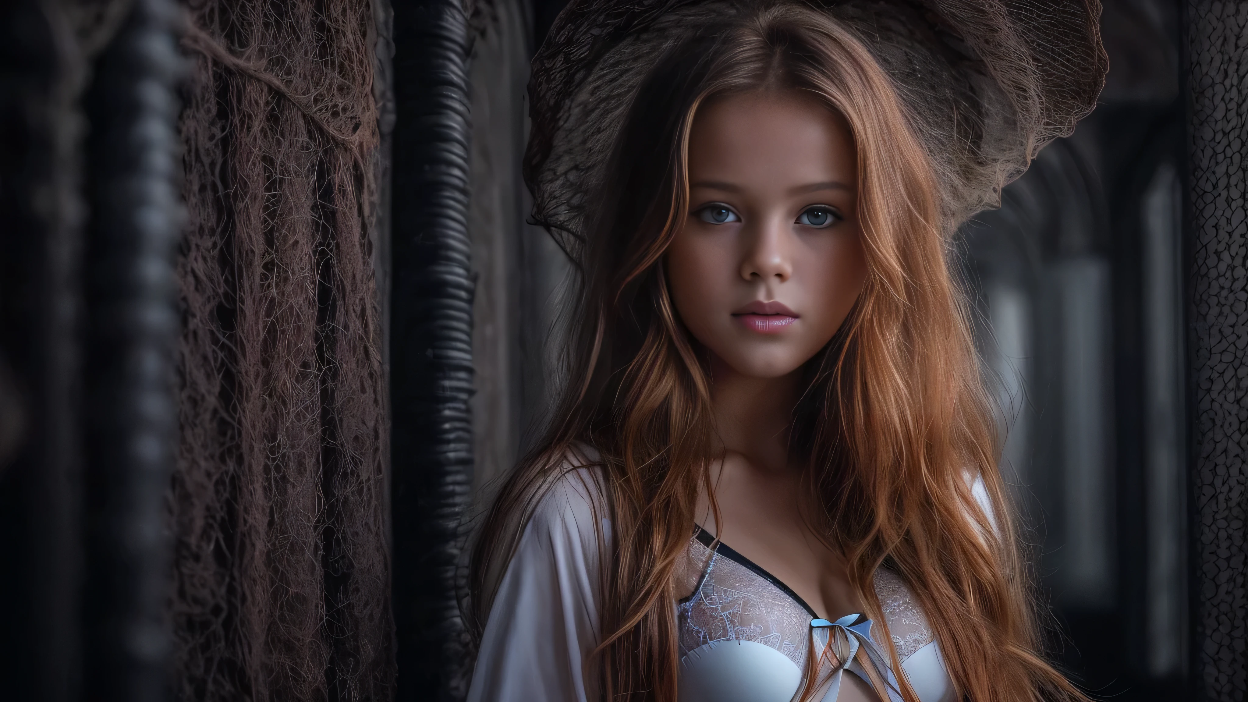 (Kristina Pimenova long ginger hair teen girl,13 years old with spread legs:1.6),  (sexy black bra and panties:1.8), (long, messy hair, hair floating in the wind:1.6), blue eyes, detailed eyes, detailed lips,(lies nude, sensual, full body:1.5), (photo different angles:1.5), (lies in a long dark corridor in castle lit by the moon:1.5), (dark mood, creepy, mist, dust,fog:1.5) low neck, ray tracing, (best quality, 4k, 8k, high resolution, masterpiece:1.2), very detailed, (realistic , photorealistic, photorealistic :1.37), HDR, UHD, masterpiece, professional, vivid colors, bokeh, studio lighting,nsfw