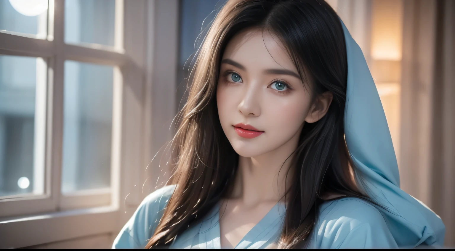 Mother of Jesus, Black hair and green eyes, Light brown skin, Wearing a light blue robe, And the sky blue veil, A calm expression that brings peace (whole body) Near the window, Lit by moonlight (Grand and realistic)