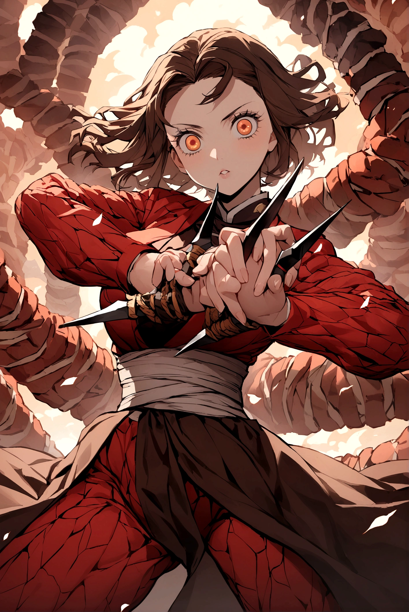 Brunette woman amber eyes, long brown hair, body sculpted in attack pose with daggers in hands dressed as shadow stack in the kimetsu no yaiba universe 