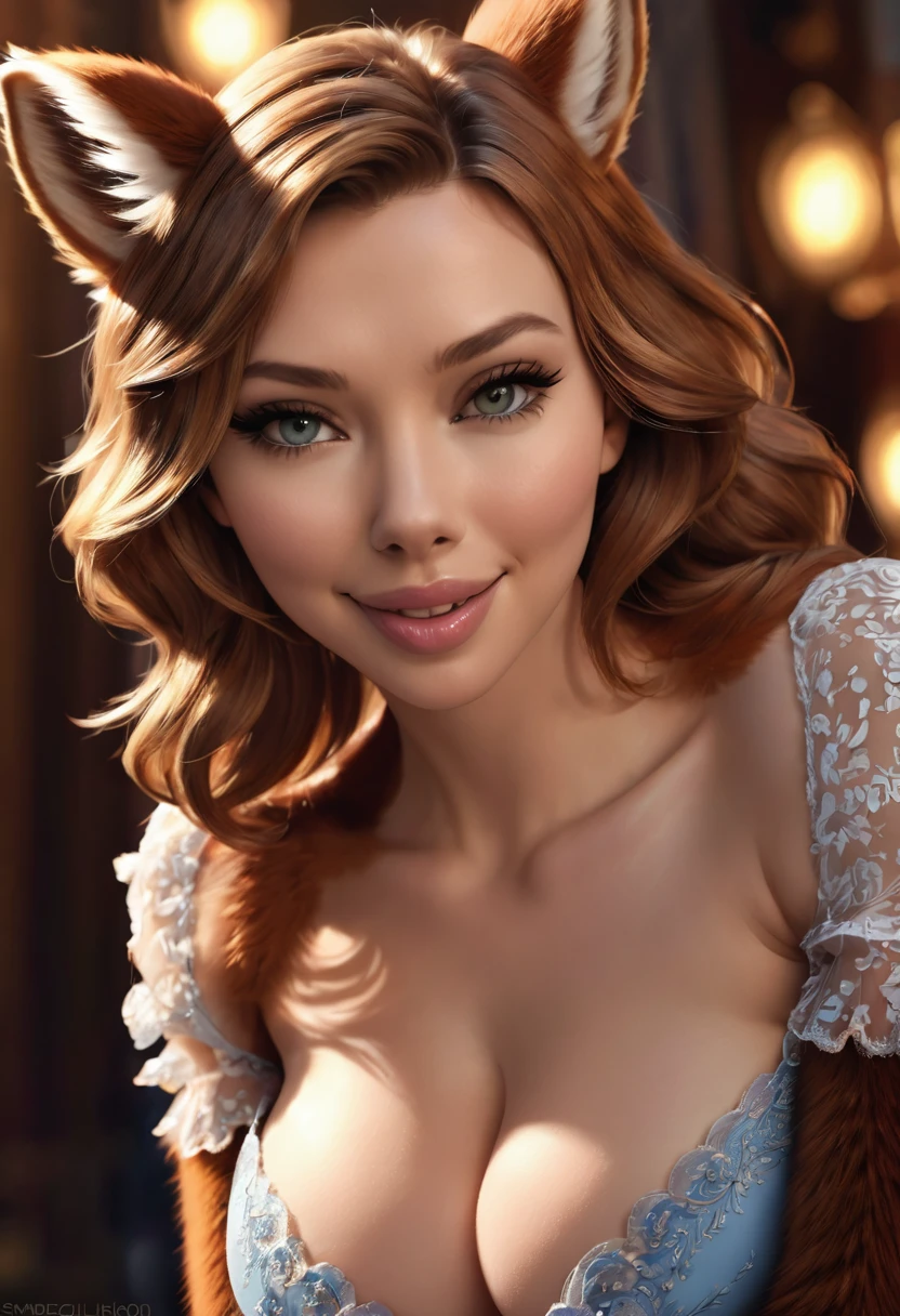Scarlett Johanson as a a squirrel furry.
the overall theme and style should feel like. a hybrid of fairytale and Science Fiction. Wide Smile, Eyes Detailed & Wide, sexy Pose. Ultra HD, Rococo-Inspired Fantasy Art With Intricate Details. Cute, Charming Expression, Alluring-Gaze, looking at viewer Beautiful Eyes, An-Ideal-Figure. slim waist, fit body, full lipsWarm lights , fluffy bushy hair, delicate face, realistic, real, slim, large aperture, sexy shots, attractive poses, . symmetrical face, photorealistic, photography, path tracing, specular lighting, volumetric face light, path traced hairmaximum quality{(masutepiece) (8K High Resolution) (top-quality)