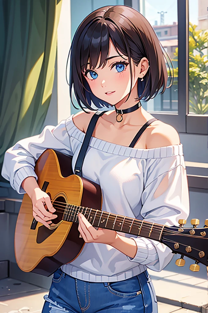 (best quality) (detail), 1 girl holding guitar, sweater, short jeans, short hair, wearing choker, photography.