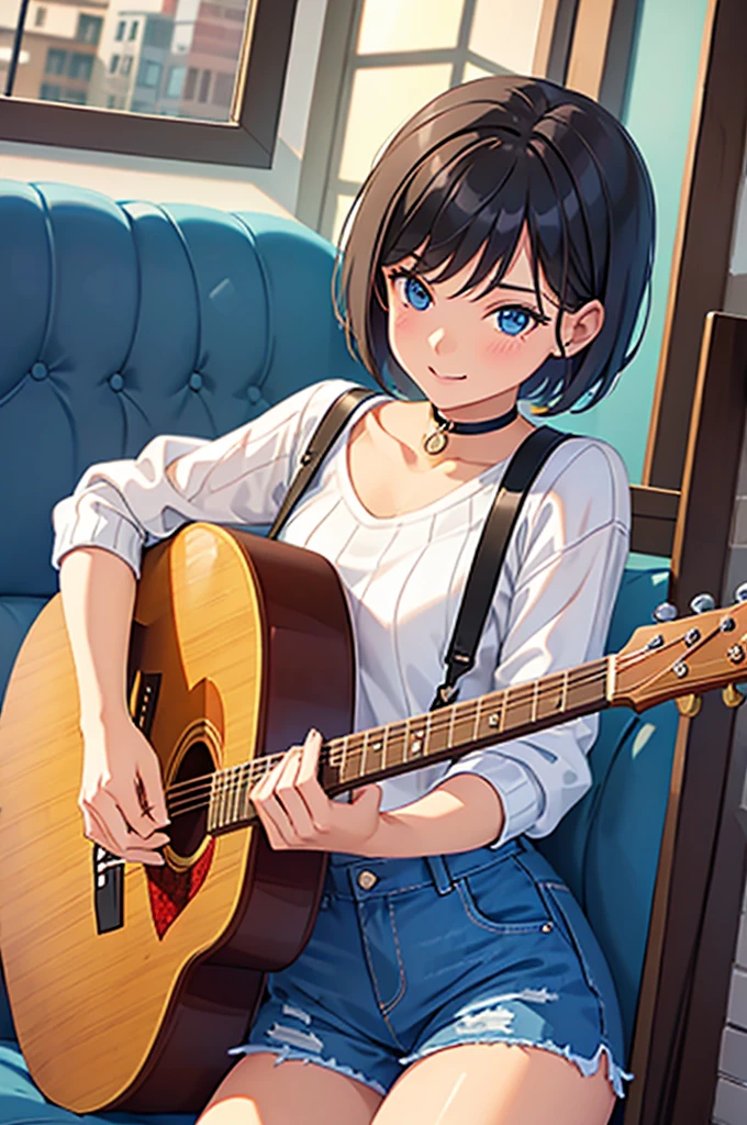 (best quality) (detail), 1 girl holding guitar, sweater, short jeans, short hair, wearing choker, photography.