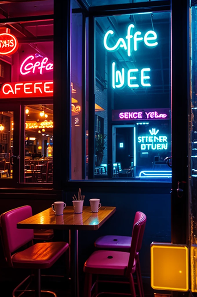 Cafe seen from inside with neon lights set in the 80s