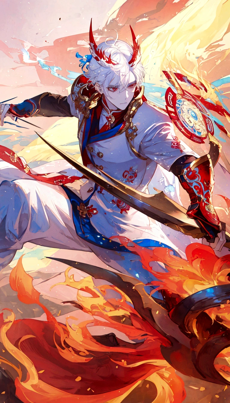 Enhance the clarity and sharpness of this character illustration. The character has white hair with red horns and is dressed in a detailed white and blue outfit with red and gold armor. The character wields a large, ornate weapon surrounded by vibrant flames. Improve the overall sharpness, making the colors more vivid and the textures more detailed, while preserving the dynamic and vibrant atmosphere of the scene
