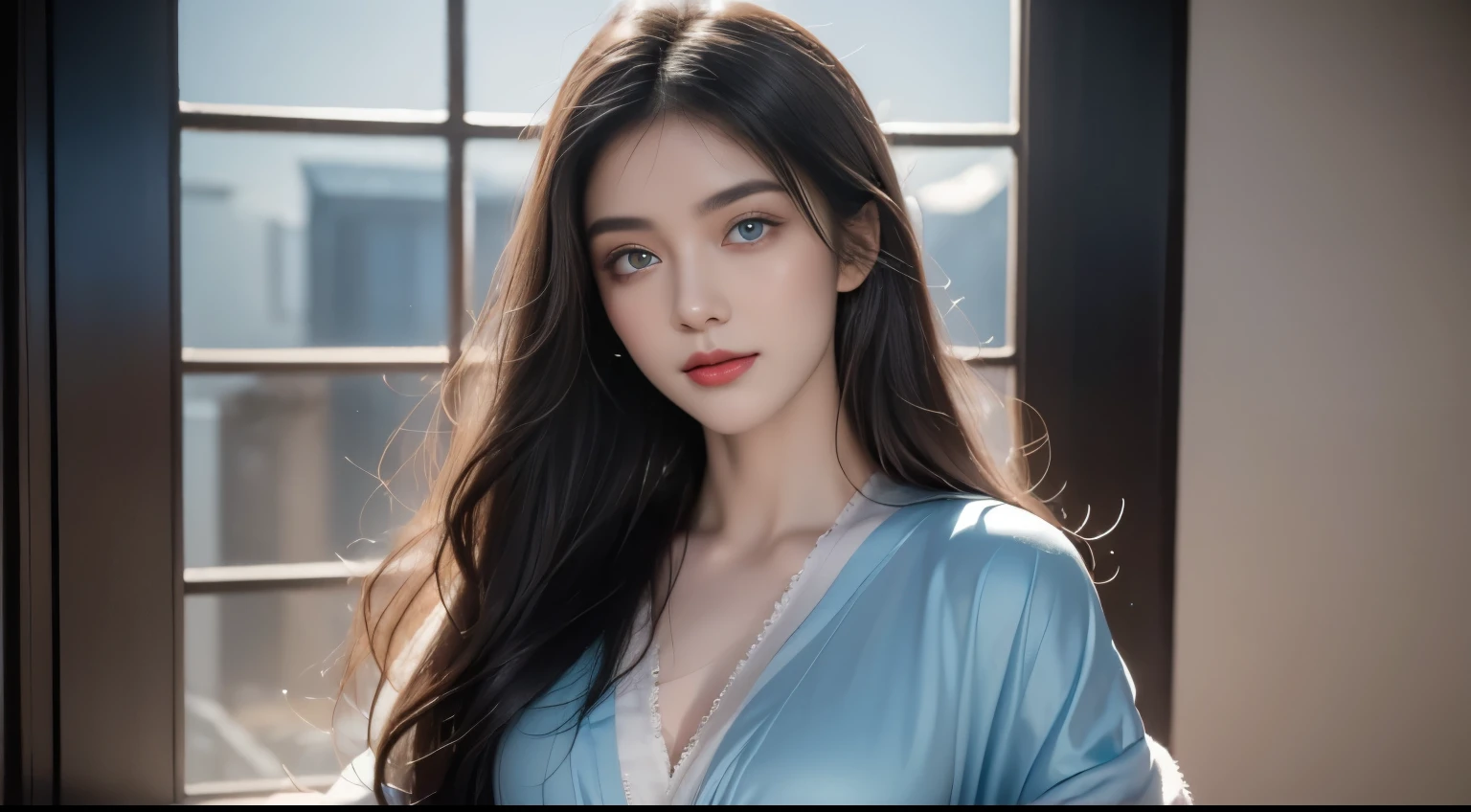 Mother of Jesus, Black hair and green eyes, Light brown skin, Wearing a light blue robe, And the sky blue veil, A calm expression that brings peace (whole body) Near the window, Lit by moonlight (Grand and realistic)